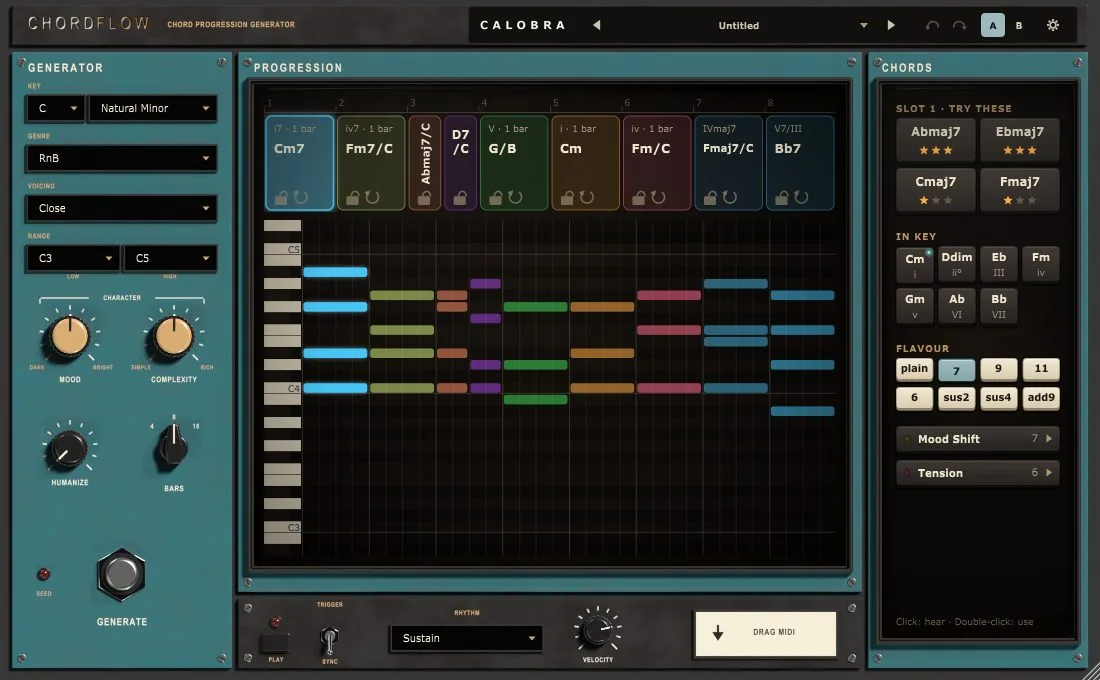 ChordFlow with a generated progression, the piano roll and the chord suggestion drawer