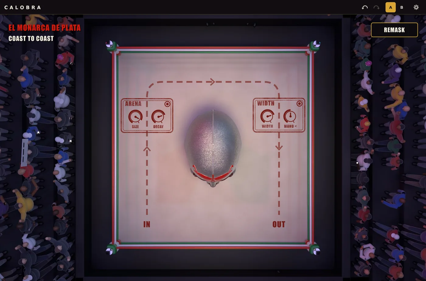 Lucha Effects Unmask view: the ring from above, the effect chain laid out from In to Out