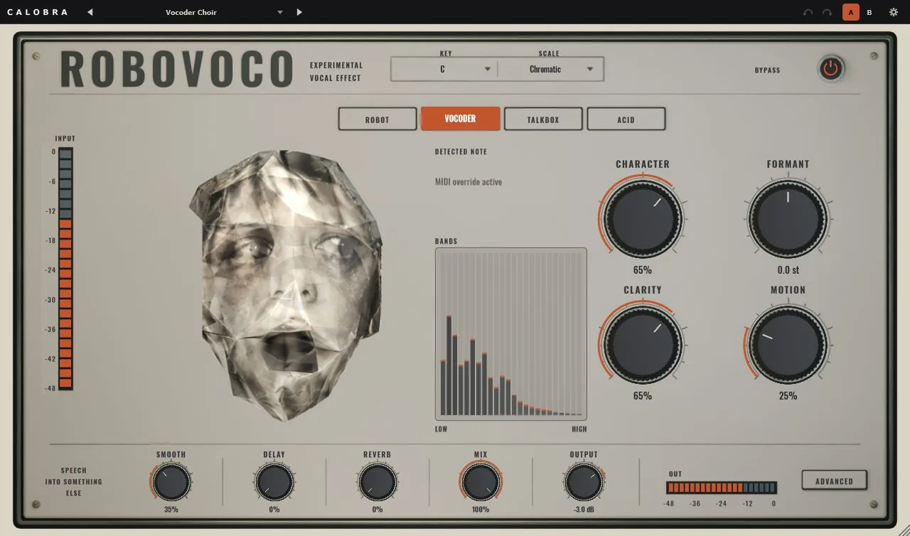RoboVoco: a folded paper face, mode buttons, a 24-band display and large knobs